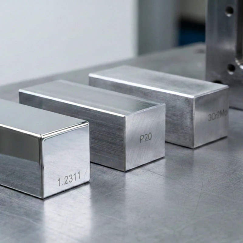 P20 vs 3Cr2Mo vs 1 2311 Tool Steel Blocks Displayed on a Workbench