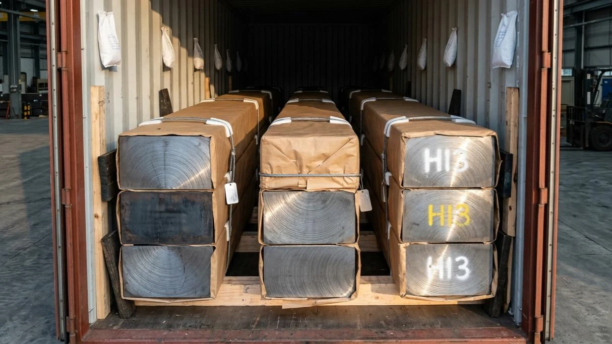 Giant rectangular mold steel blocks bundled and loaded inside a 20GP container: full-length kraft paper wrapping, steel wire binding, timber dunnage layer, and exposed silver-gray cross sections with spray-marked heat numbers