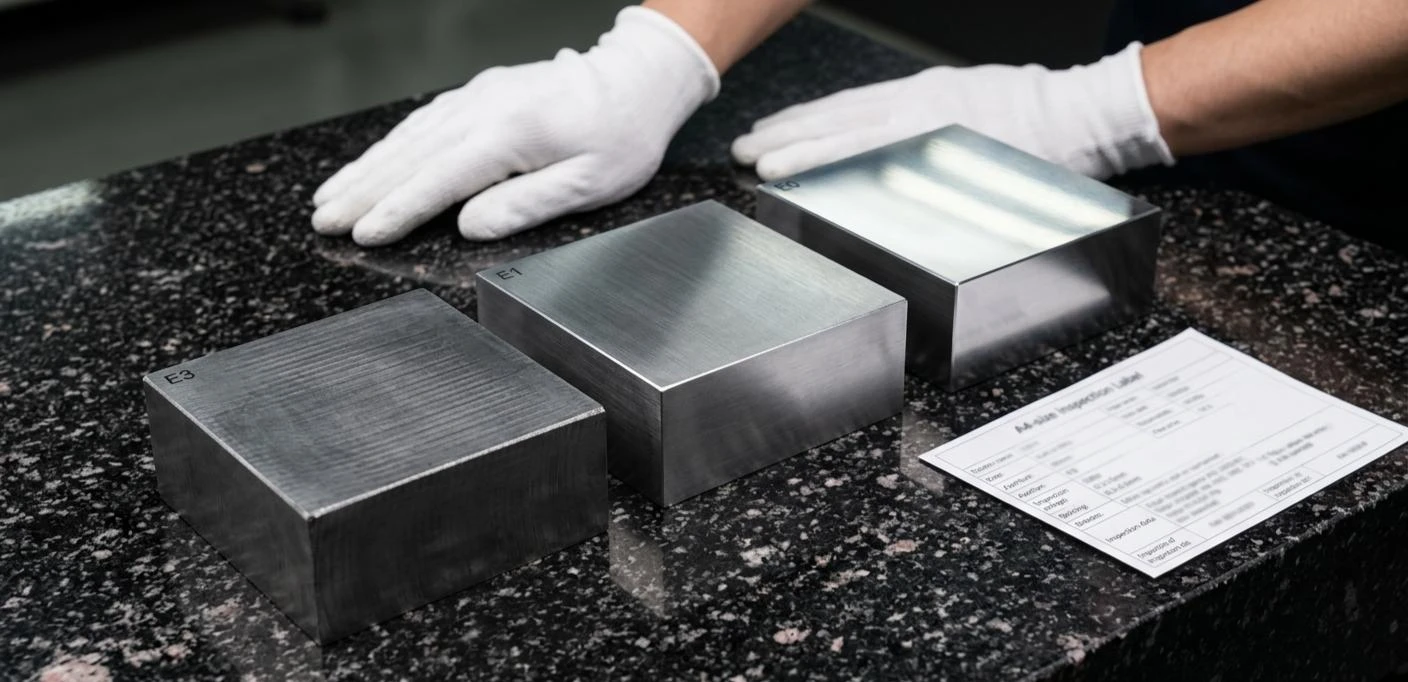 Precision flat stock, ground flat stock and rough-machined block comparison showing surface finish from near-mirror to visible milling tool marks