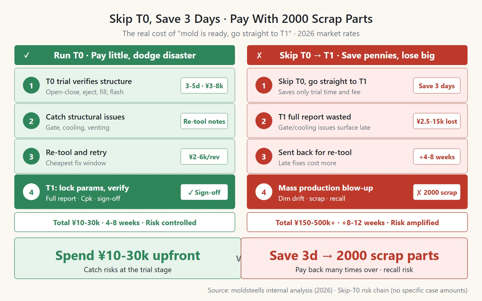 Cost comparison chart between two paths: one that includes T0 and one that skips it. The left column shows the proper 4-step process with T0, costing $1.5k-$4.5k over 4-8 weeks. The right column shows the 4-step process of skipping T0, which saves 3 days but leads to wasted reports, rework, and a production failure with 2000 scrapped parts, costing $22k-$74k+ and adding 8-12 weeks to the timeline. The bottom highlights the contrast: 'Save 3 Days' vs. 'Lose 2000 Parts'.