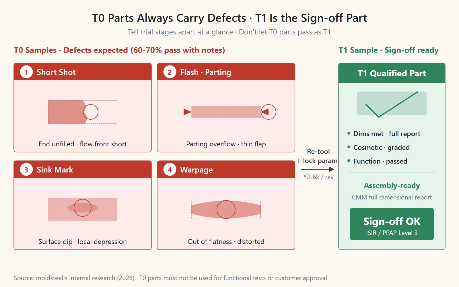 Diagram showing four typical defects of T0 samples (short shot, flash, sink marks, warpage) contrasted with a T1 approved part. T0 defects are highlighted with red circles, while the T1 part has a green checkmark, a full dimensional report, and a sign-off tag.
