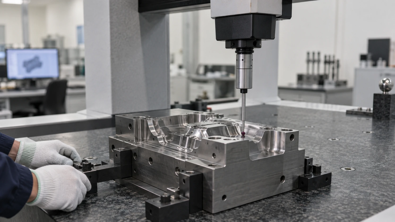 A coordinate measuring machine probe inspecting a precision mold core secured on a granite table