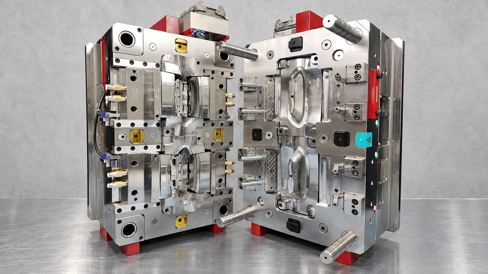 An open precision injection mold showing paired cores and cavities on a stainless steel workbench against a light gray wall