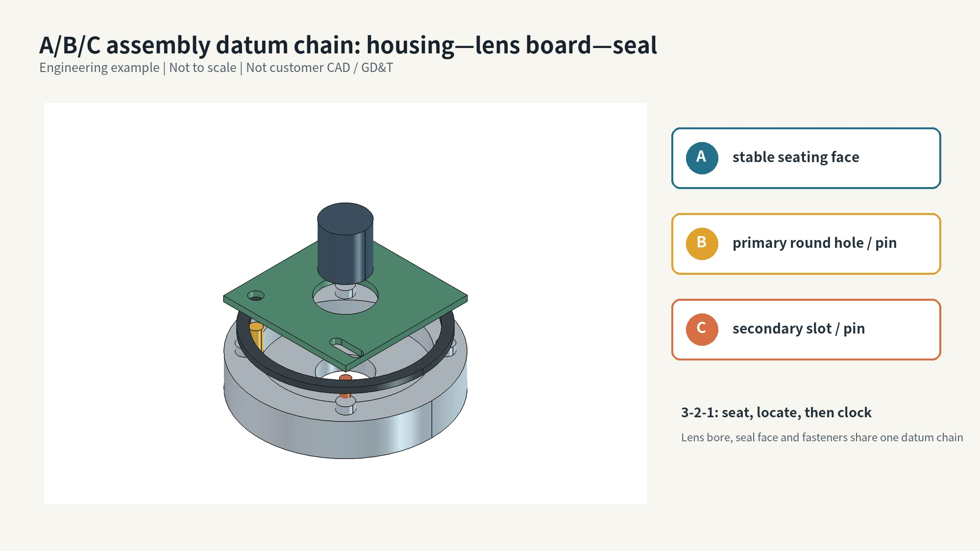 Exploded security camera front housing, seal, and lens-board assembly showing datum A on a stable seating face, datum B at the primary round hole and pin, and datum C at the secondary slot and pin