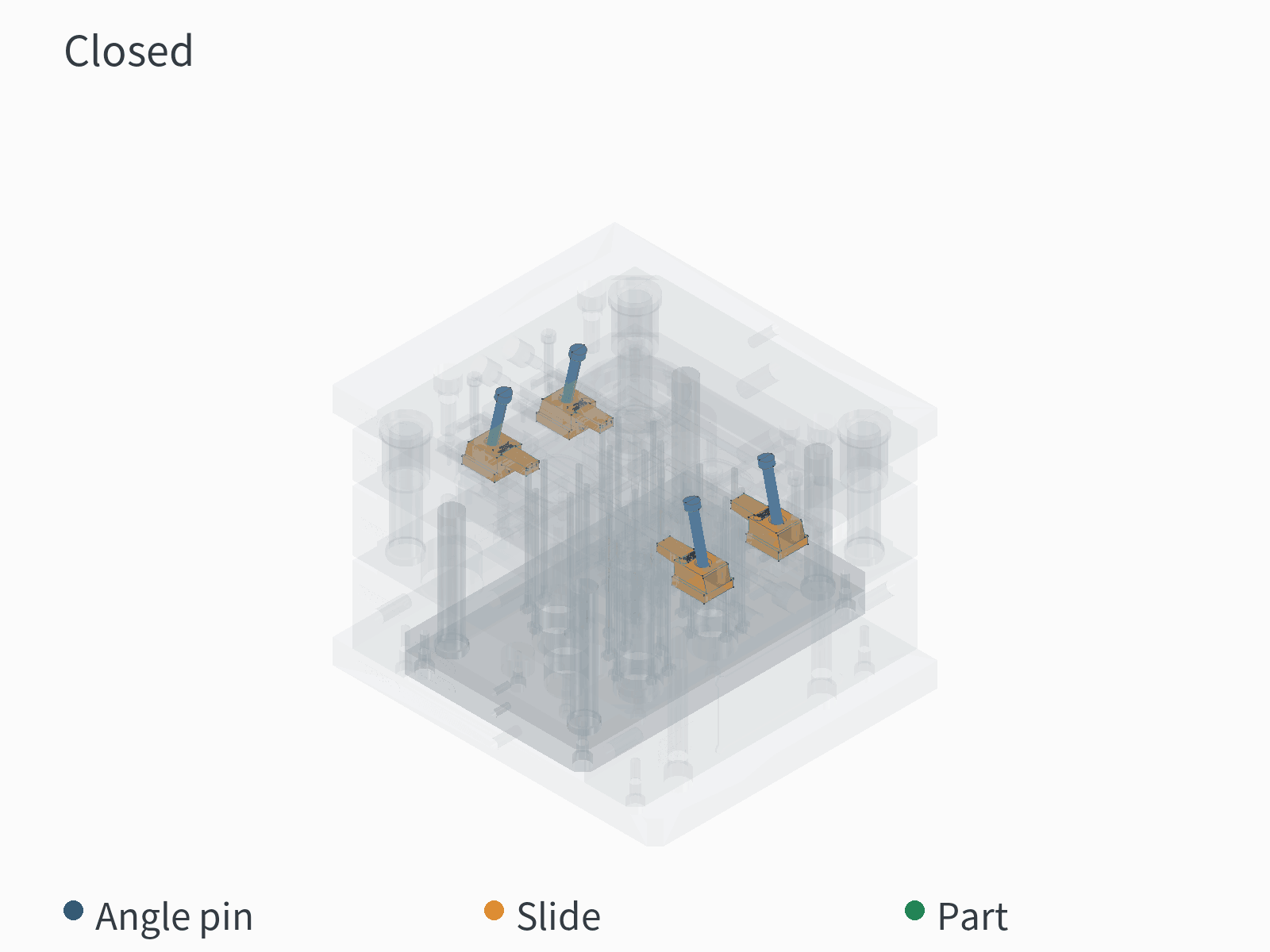 Angle pin, slide, ejection, and closing sequence inside a translucent mold base