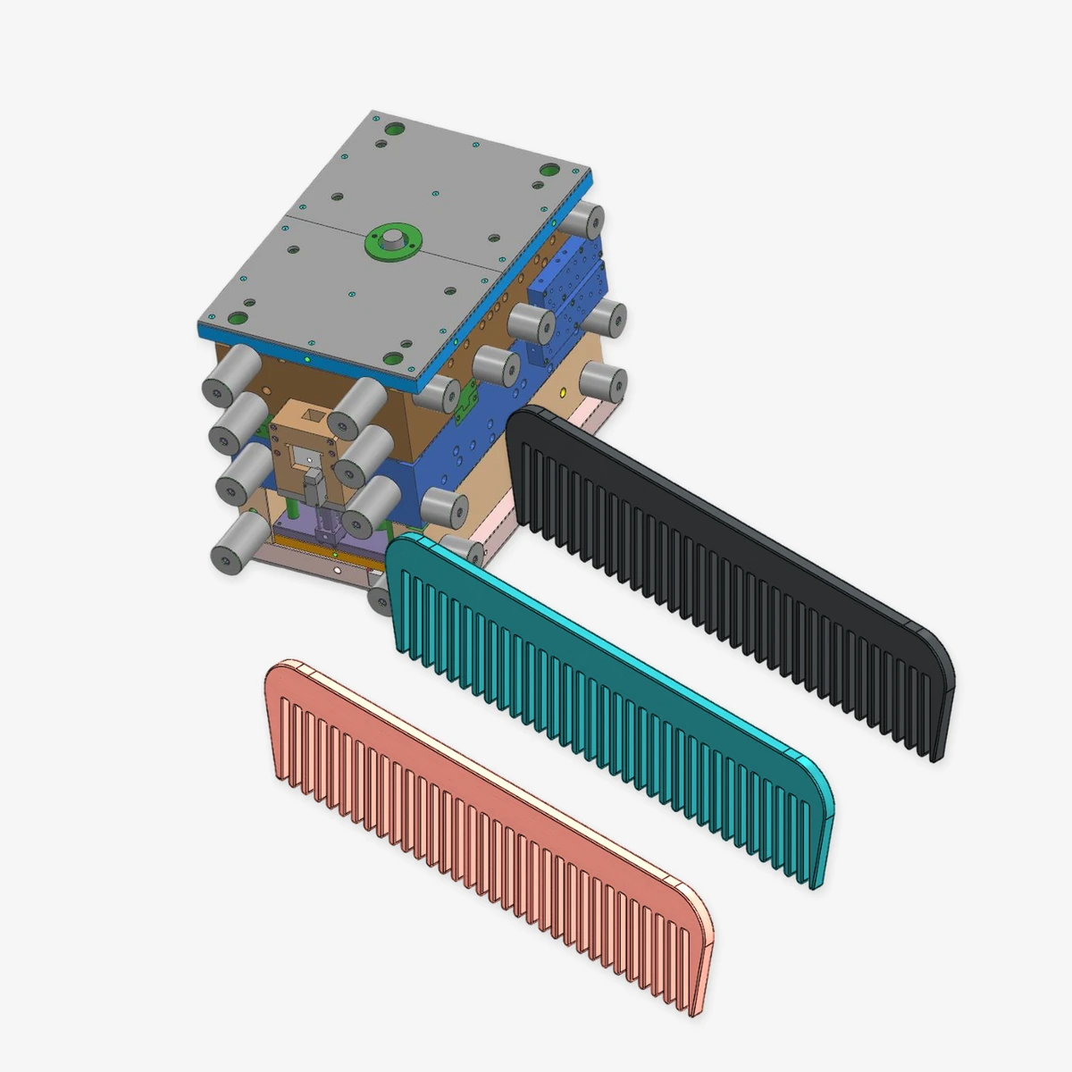 CAD composite of a complete mold base and plastic combs in three colors