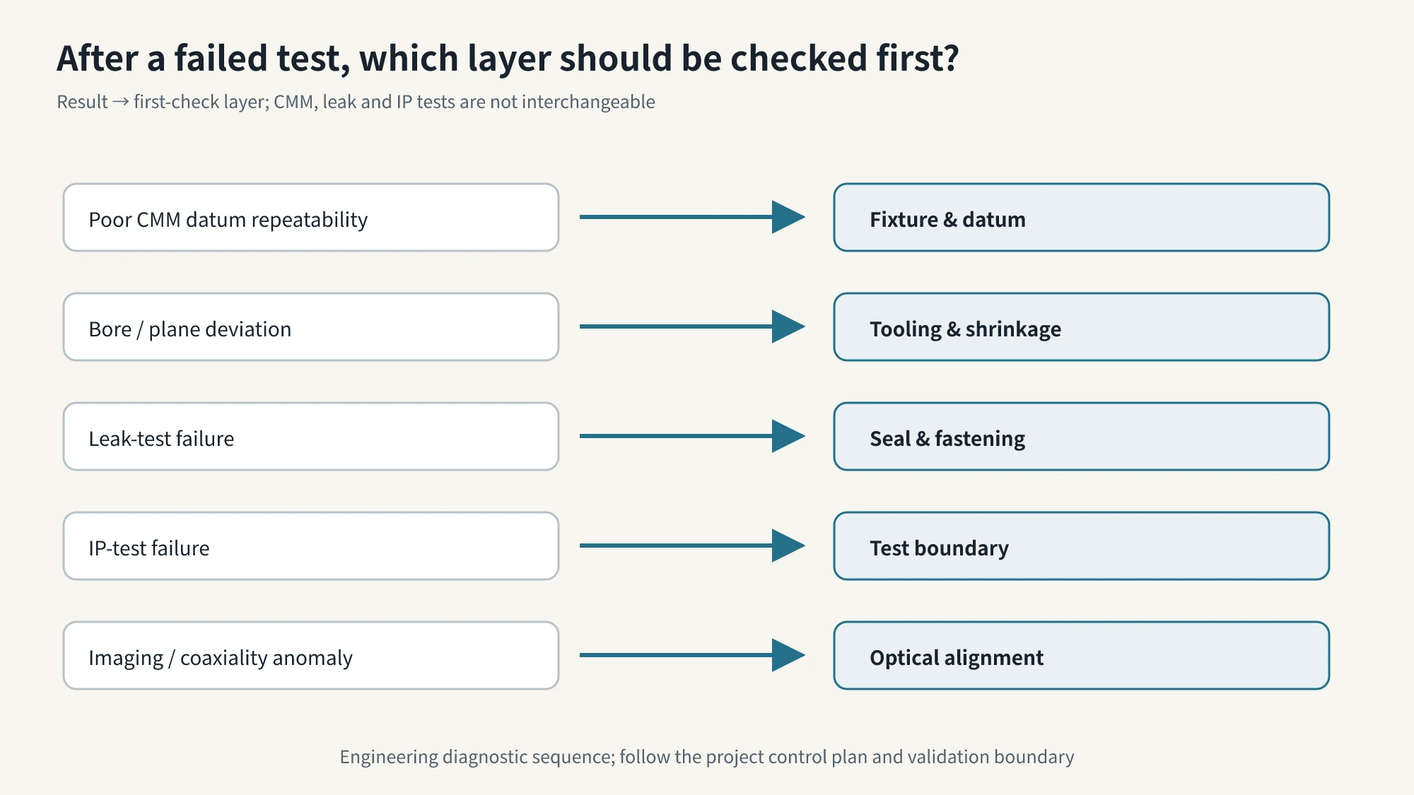Mapping of five inspection outcomes to the first investigation level: fixture datums, molding shrinkage, sealing and fastening, test boundaries, or optical assembly