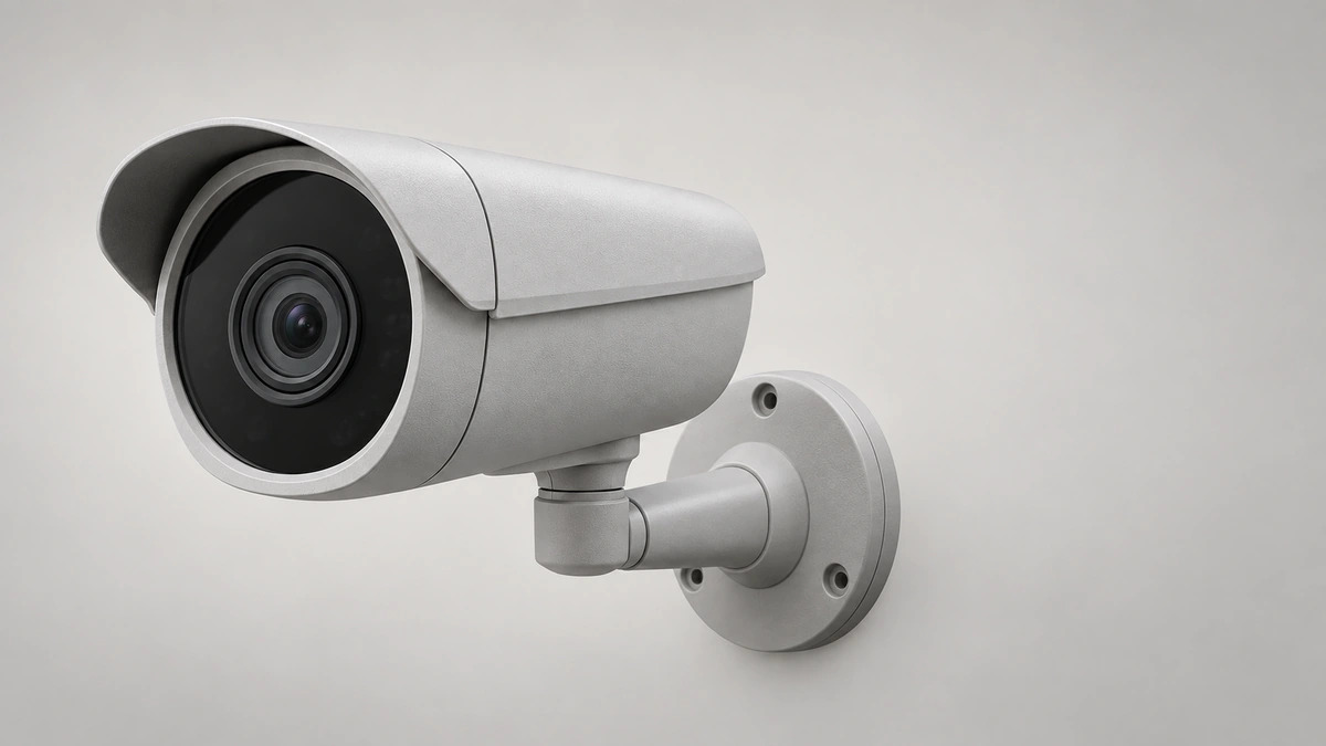 Unbranded outdoor bullet security camera housing with a visible lens area, front-to-rear housing joint, and mounting bracket