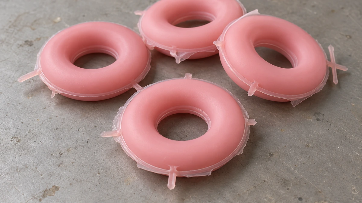 Untrimmed silicone compression-molded sample with parting-line flash and residual flash at the edge