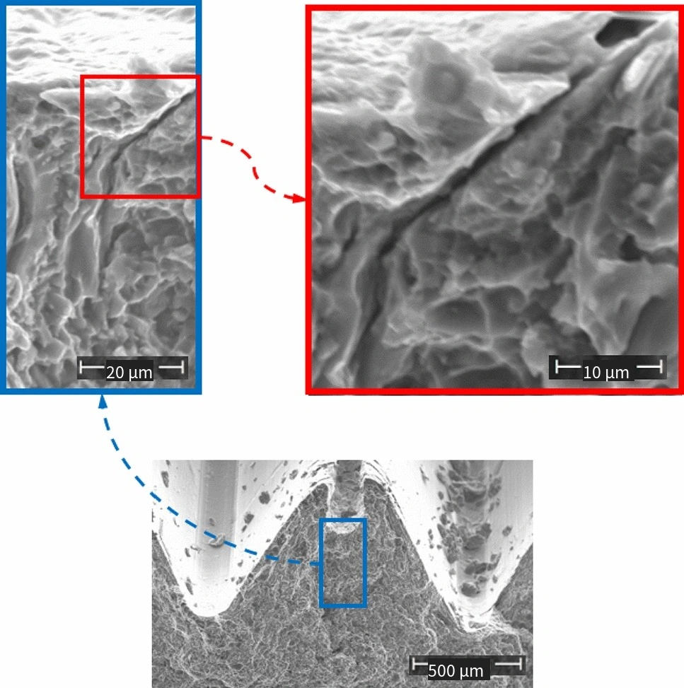Pore exposed on a threaded surface after drilling through a gas inclusion, with progressively enlarged views