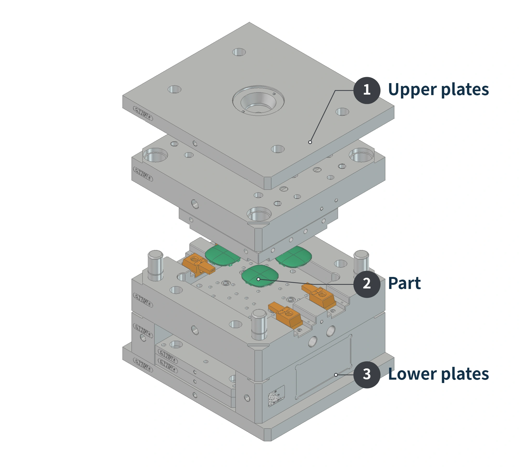 Exploded mold plates and internal components