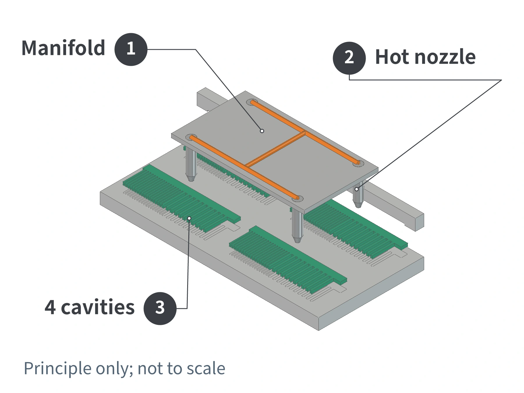 Four-cavity hot runner comb mold schematic, with a manifold and hot nozzles aligned with four combs