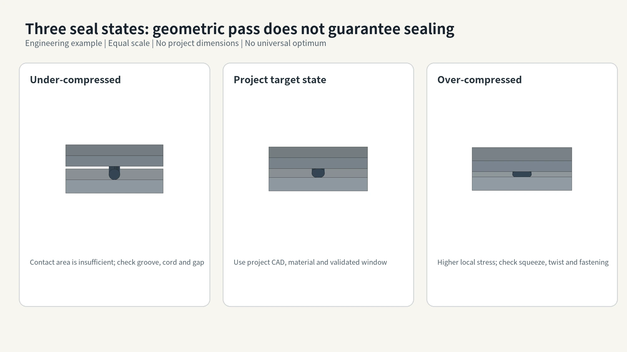 Three equal-scale seal sections comparing under-compression, the project target condition, and over-compression