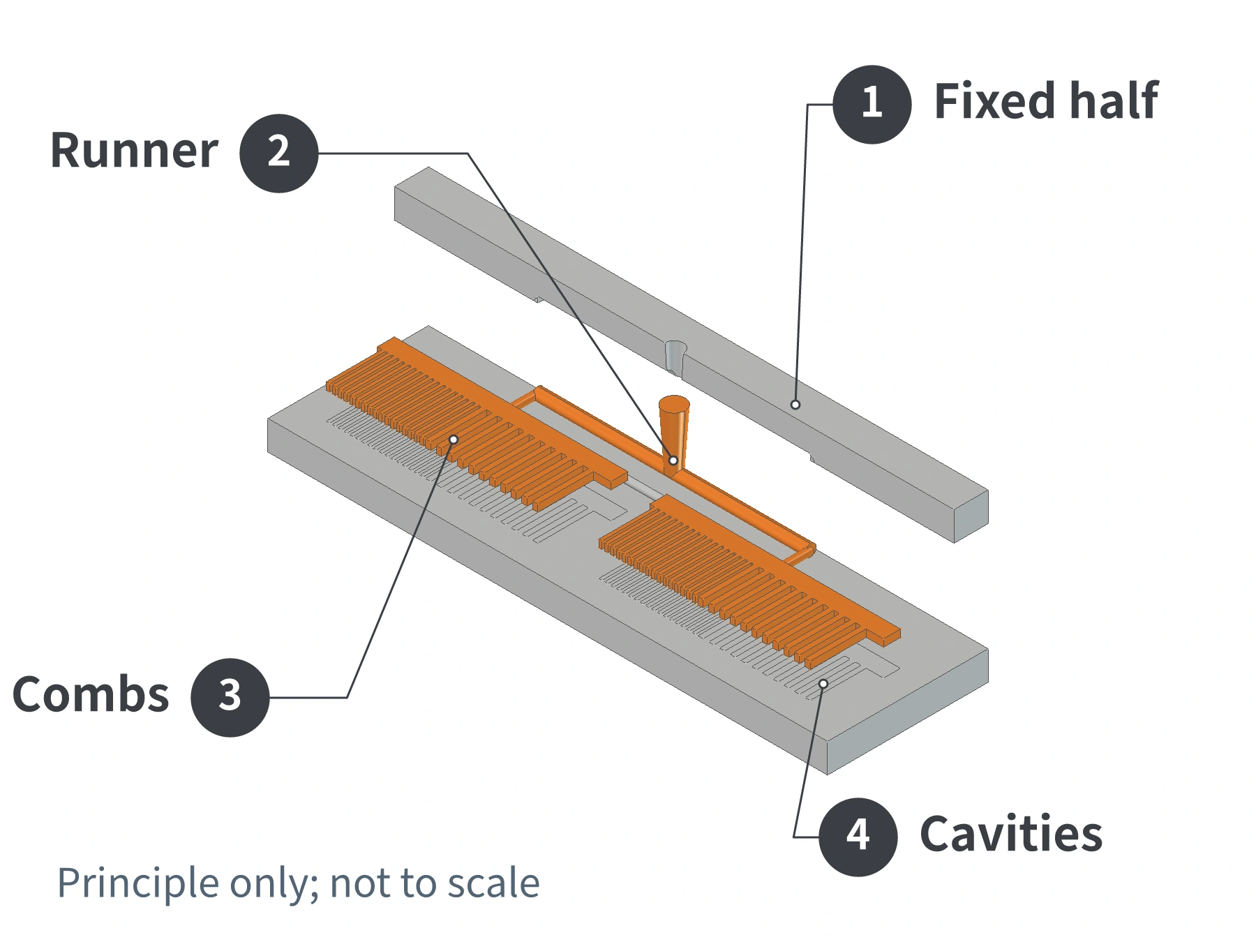 Local structure of a two-plate cold runner comb mold, with side gates connecting two combs to the runner